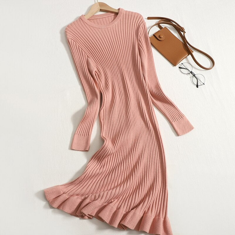 Long Sleeve A-line Knit Sweater Dress For Women-Soco Hoodie