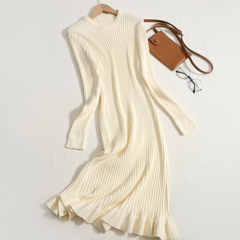 Long Sleeve A-line Knit Sweater Dress For Women-Soco Hoodie