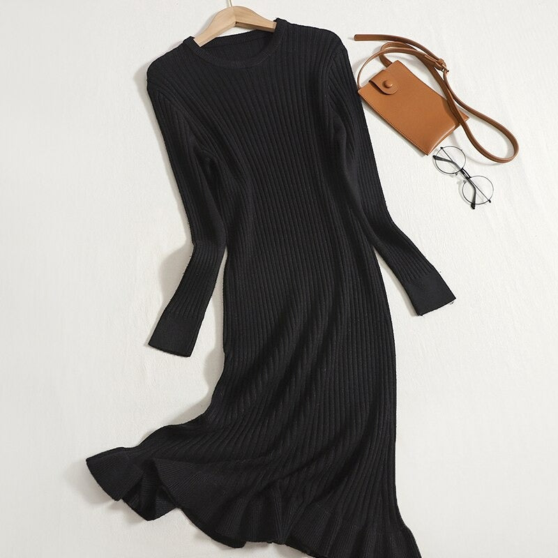 Long Sleeve A-line Knit Sweater Dress For Women-Soco Hoodie