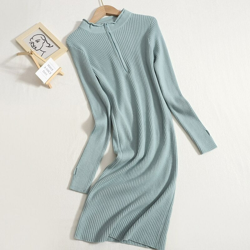 Women's Zipper Collar Thin Knit Sweater Dress-Soco Hoodie