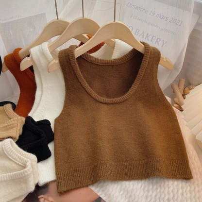 Solid Sleeveless Short Knitted Pullover Sweater Vest-Soco Hoodie