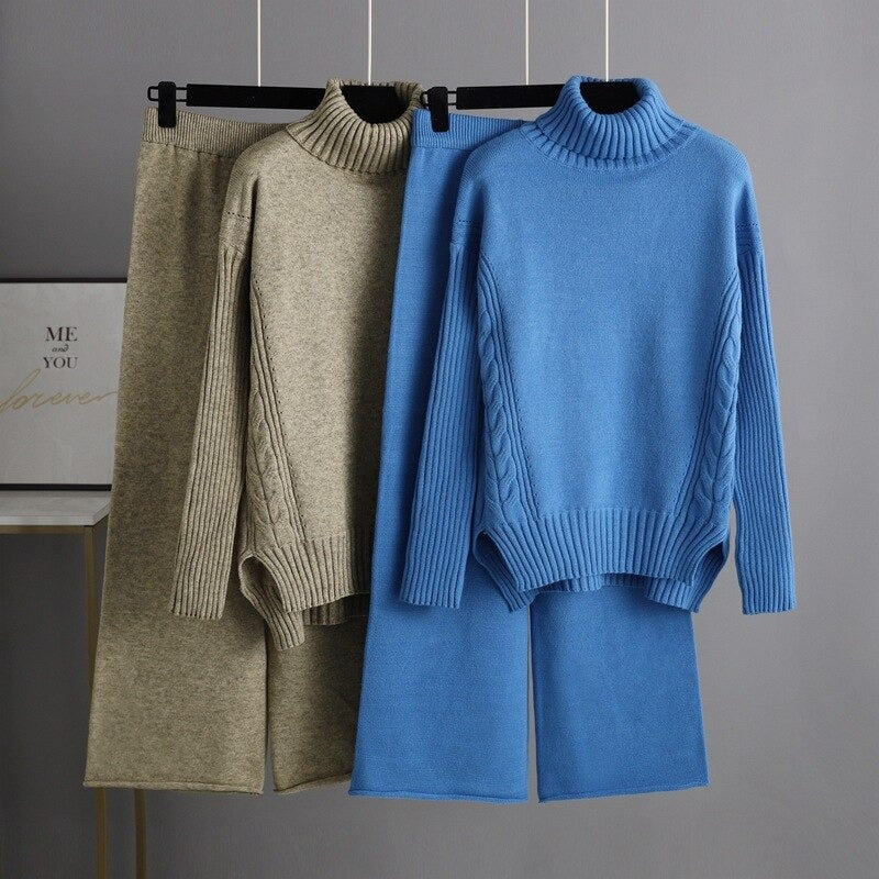 Thick Turtleneck Pullover And Wide Leg Pants For Women-Soco Hoodie