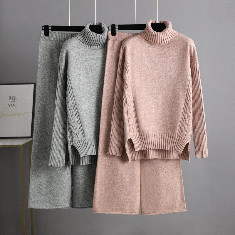 Thick Turtleneck Pullover And Wide Leg Pants For Women-Soco Hoodie