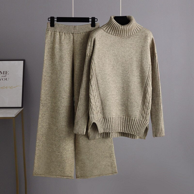 Thick Turtleneck Pullover And Wide Leg Pants For Women-Soco Hoodie