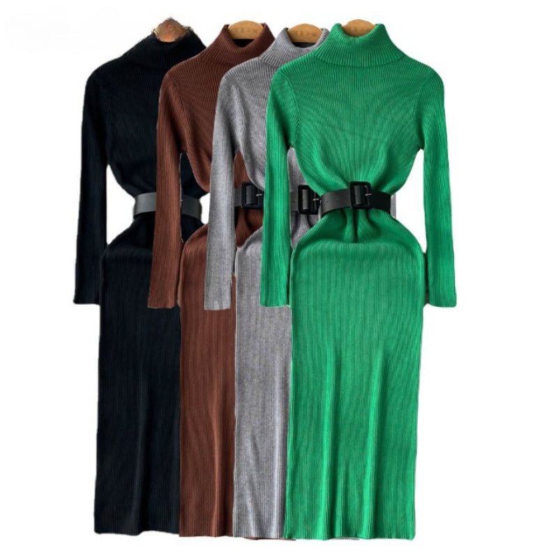 Long Turtleneck A-Line Knitted Bodycon Dress With Belt-Soco Hoodie