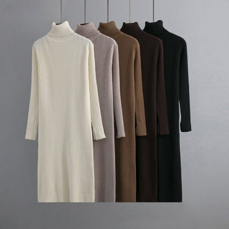 Turtleneck Ribbed Sweater Long Dress-Soco Hoodie