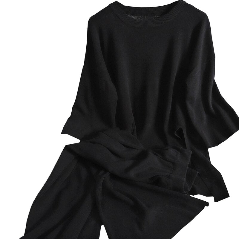 2 Pieces Long Slit Top With Loose Wide-Leg Pants For Women-Soco Hoodie