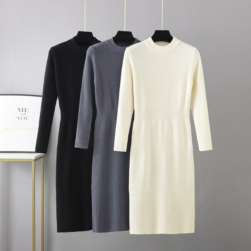 Half Turtleneck Over-The-Knee Fit Knitted Sweater Dress-Soco Hoodie
