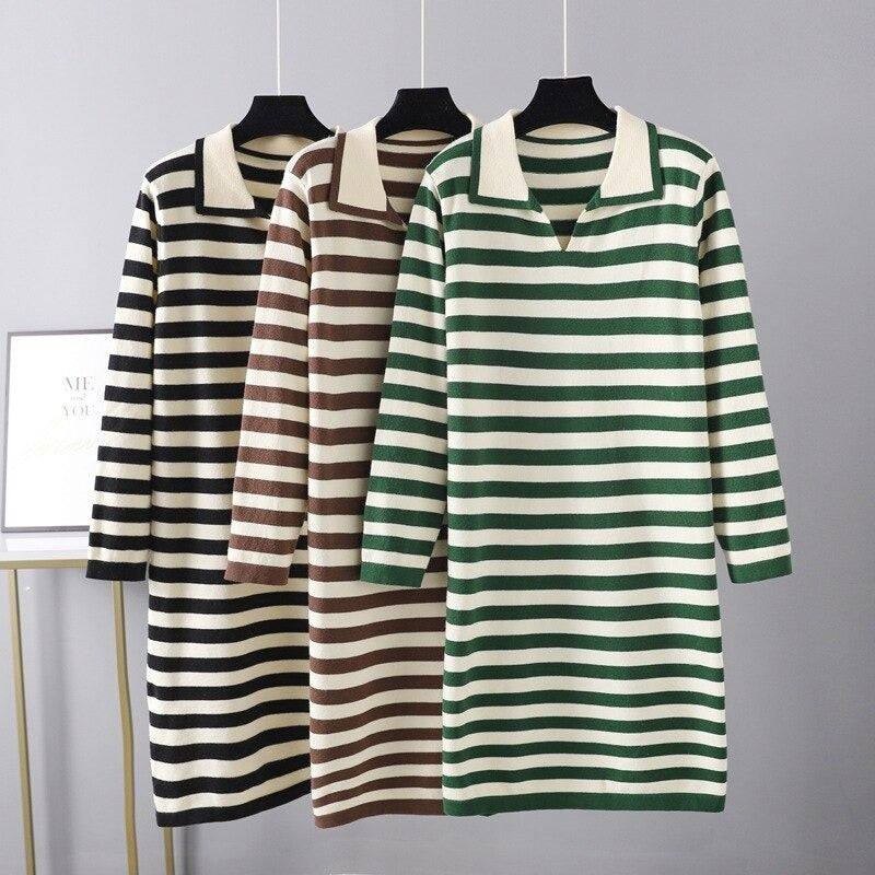 Elegant Loose Stripe Sweater Dress For Women-Soco Hoodie