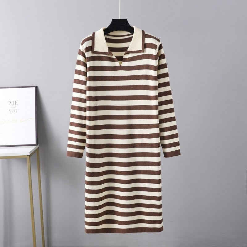 Elegant Loose Stripe Sweater Dress For Women-Soco Hoodie