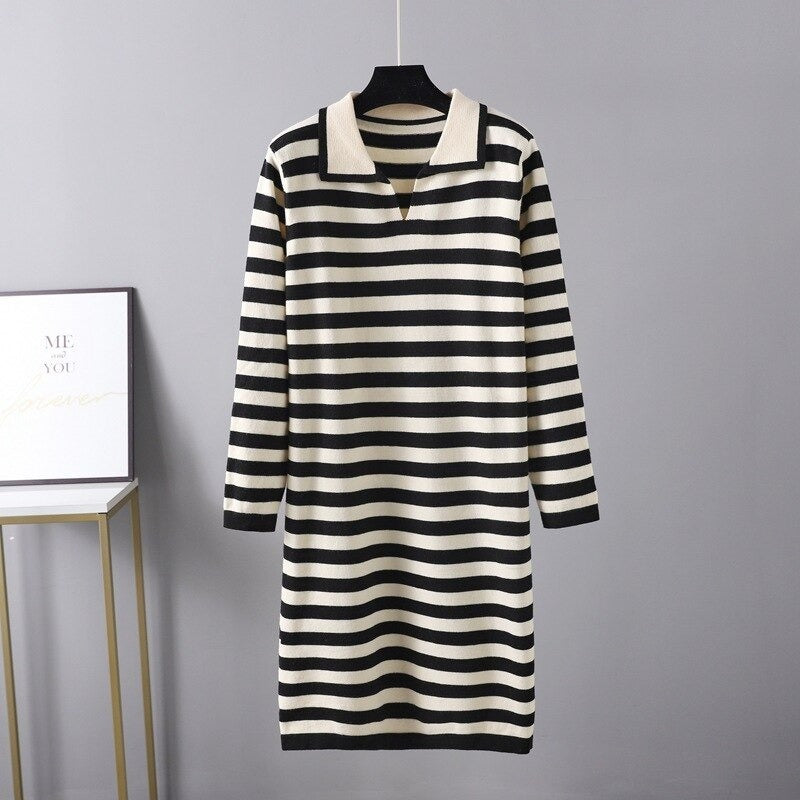 Elegant Loose Stripe Sweater Dress For Women-Soco Hoodie