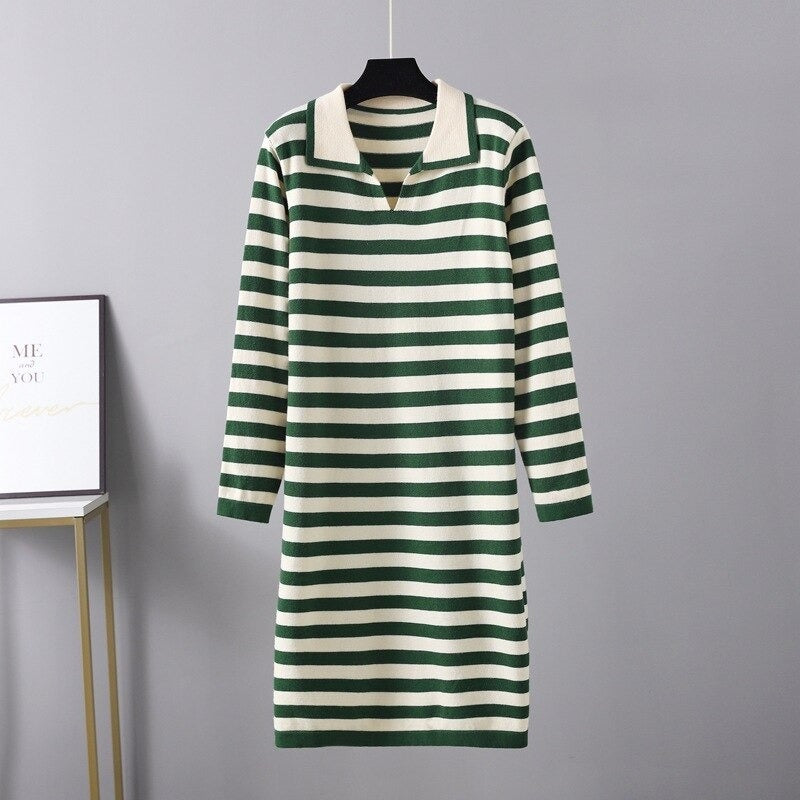 Elegant Loose Stripe Sweater Dress For Women-Soco Hoodie