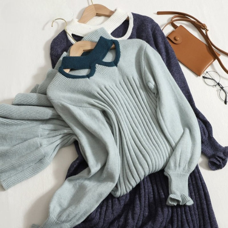 Hollowed Out Collar Ruffles Knitted Sweater Dress-Soco Hoodie