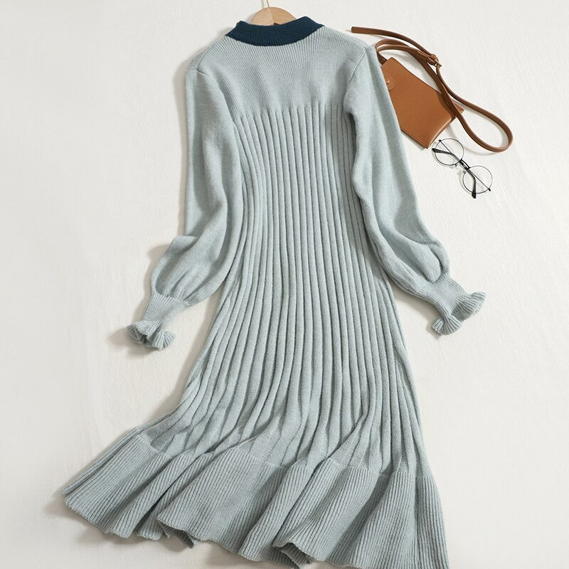 Hollowed Out Collar Ruffles Knitted Sweater Dress-Soco Hoodie