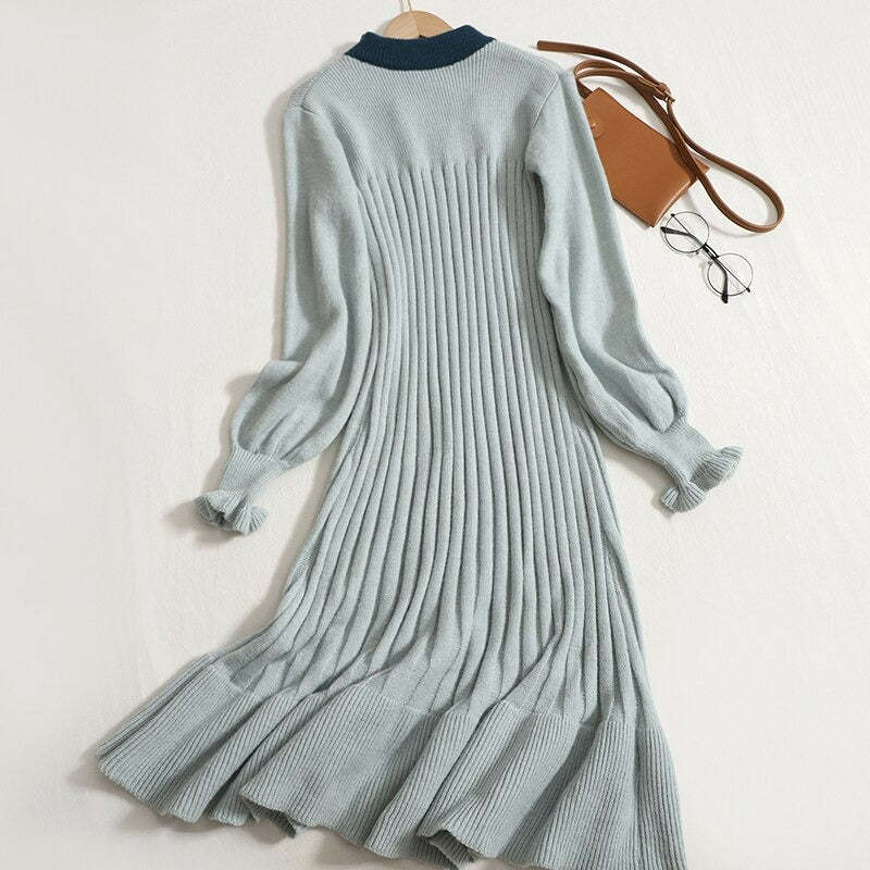 Hollowed Out Collar Ruffles Knitted Sweater Dress-Soco Hoodie