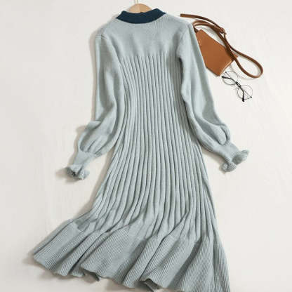 Hollowed Out Collar Ruffles Knitted Sweater Dress-Soco Hoodie