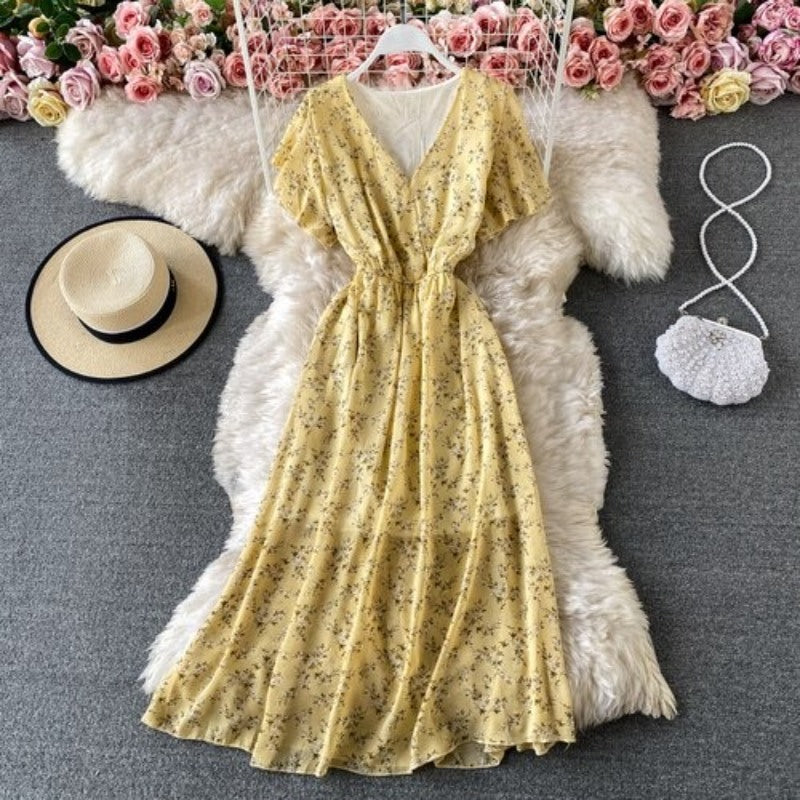 Printed V-Neck Ruffles Short Sleeve Dress For Women-Soco Hoodie