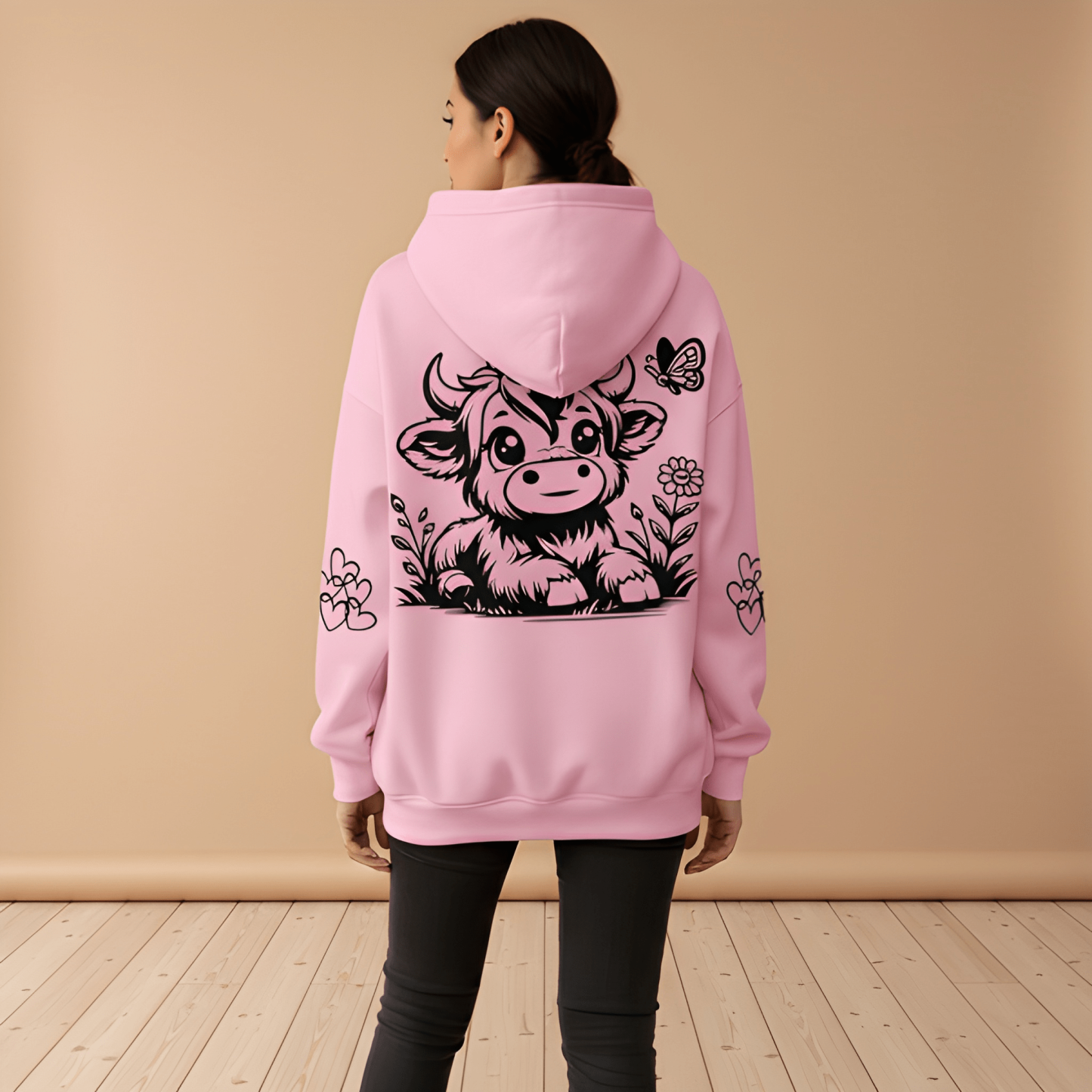 Floral Bull Graphic Print Pullover Hoodie For Women