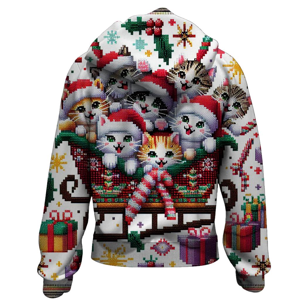 Festive Cat Sleigh Ride Design Zip Up Hoodie