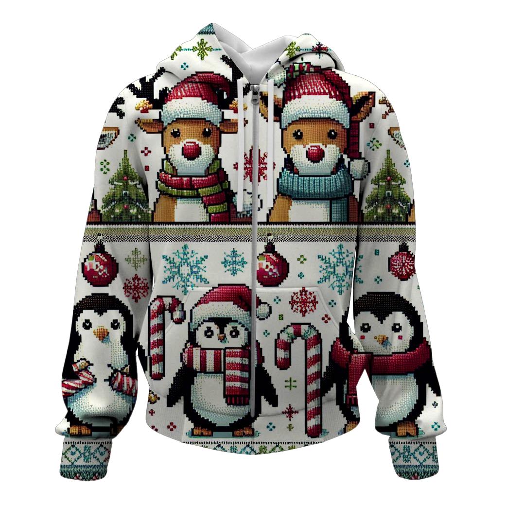 Quirky Holiday Animals Design Zip Up Hoodie