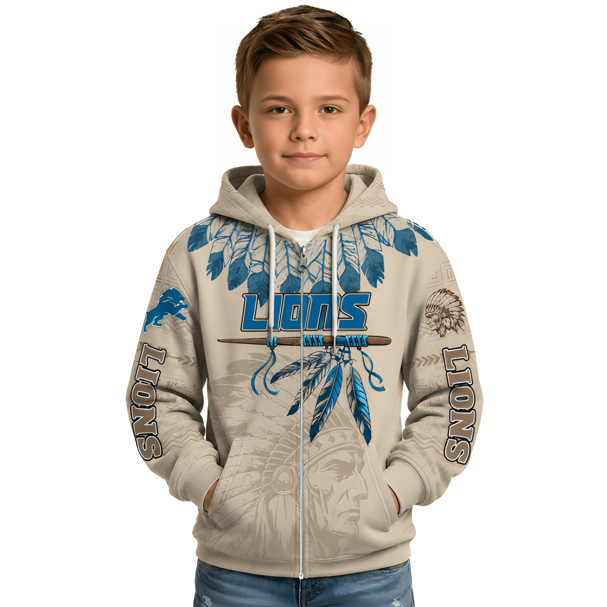 Personalized Detroit Lions Football Themed Zipper Hoodie For Kids