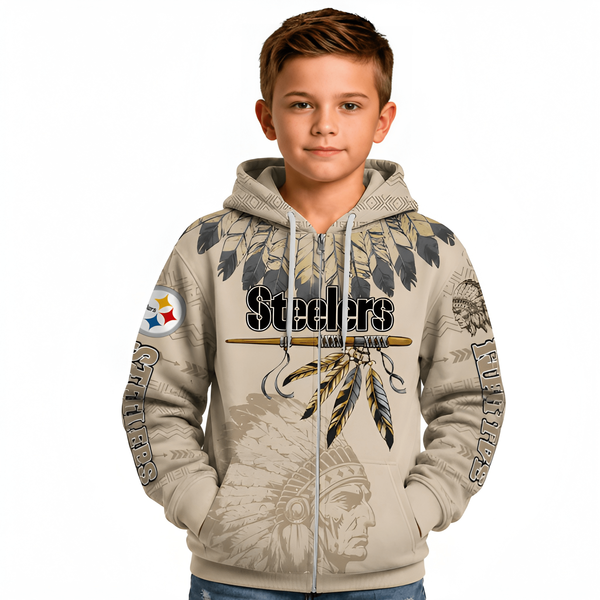 Personalized Steelers Football Native American Heritage Zipper Hoodie For Kids