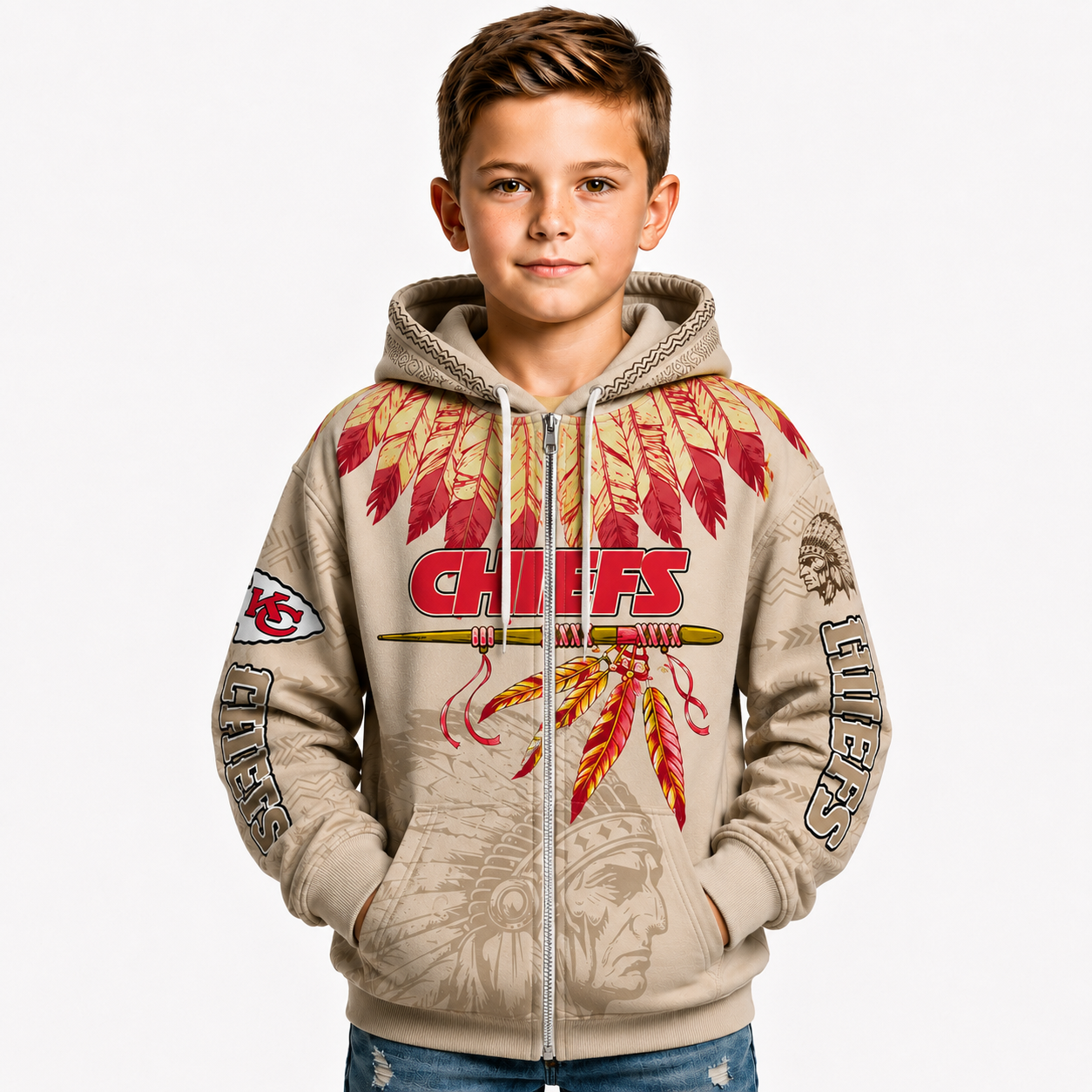 Native Heritage Printed Personalized Kansas City Chiefs Football Fan Hoodie For Kids