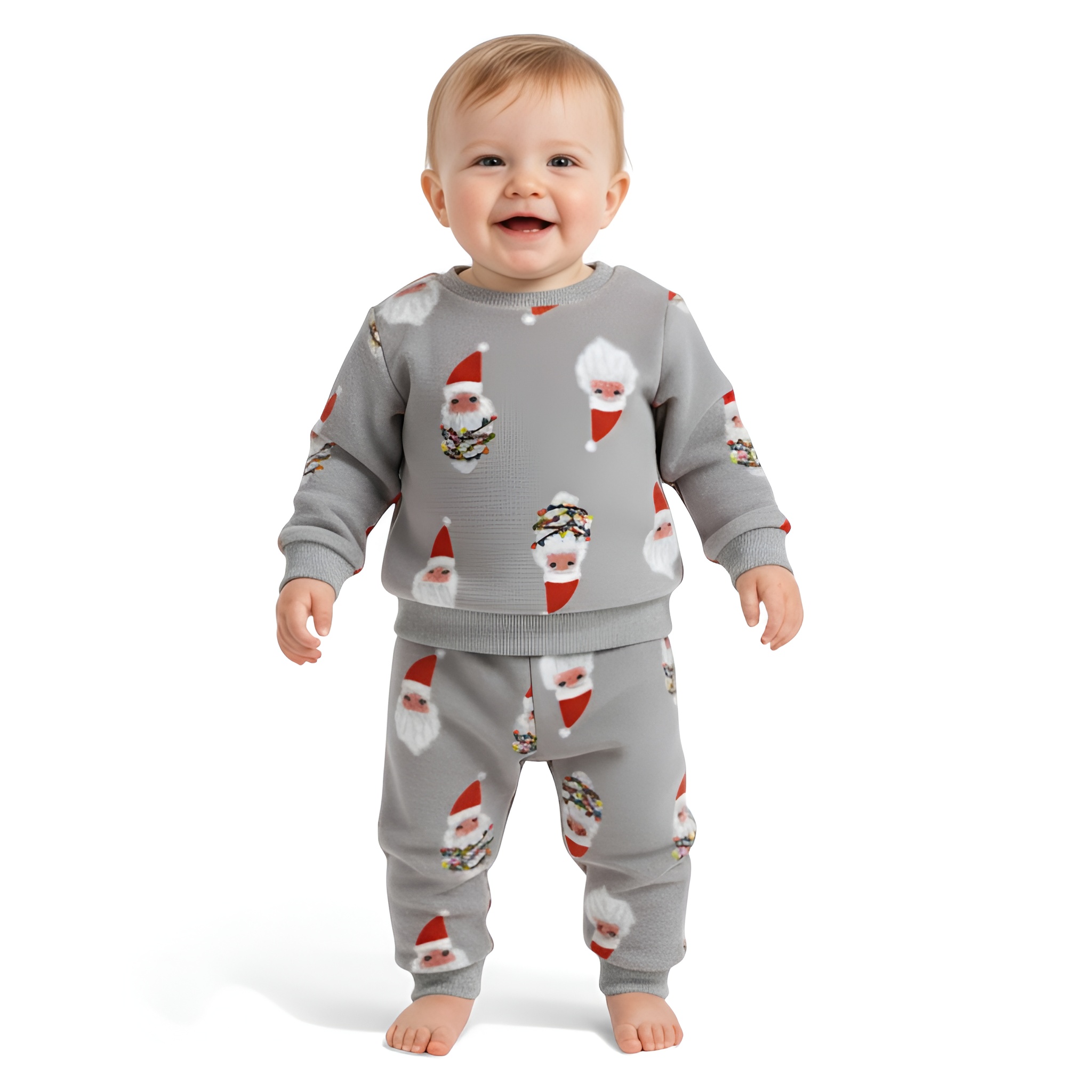 Santa Print Long Sleeve Top And Pants Christmas Outfit Set