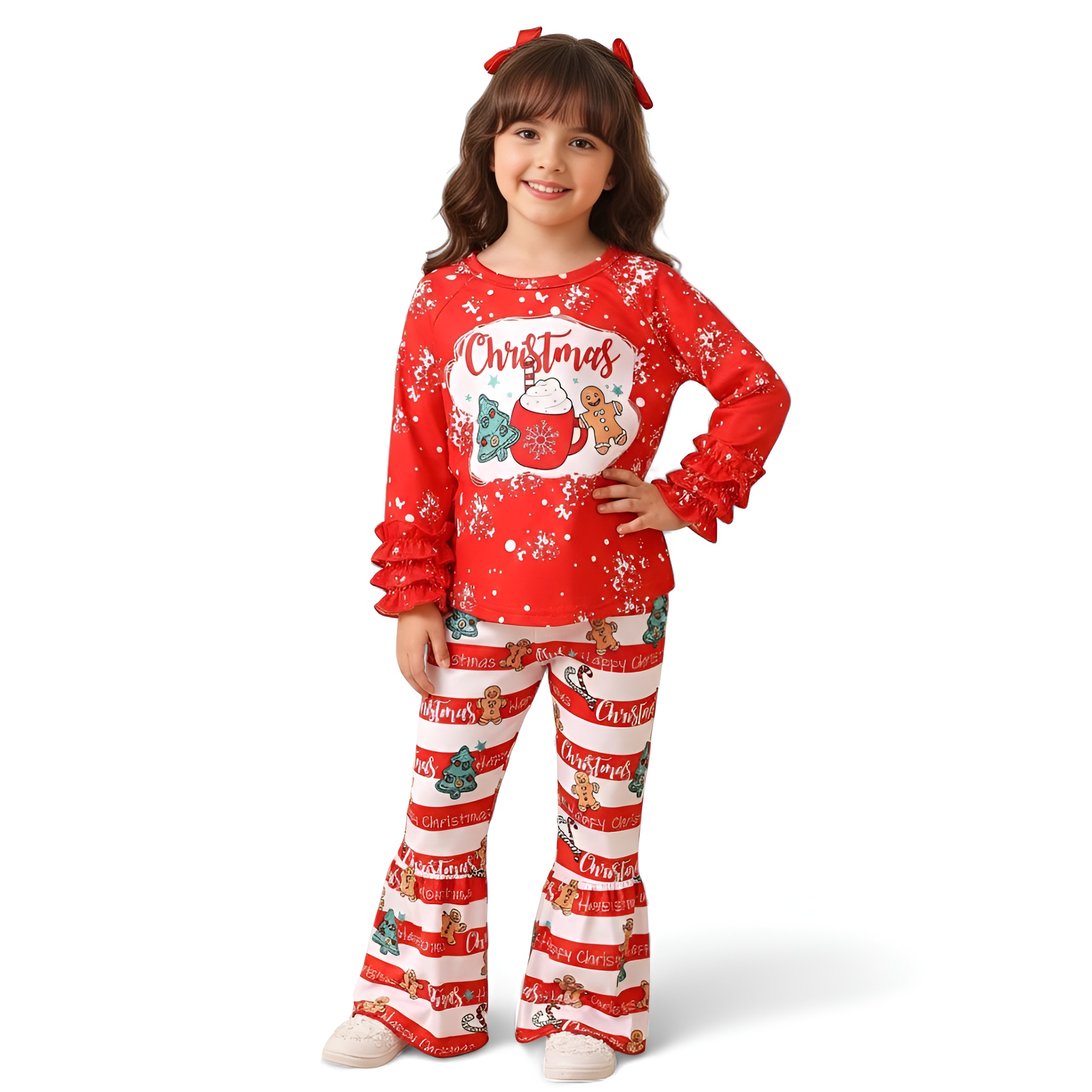 Girls Christmas Style Long Sleeve Top And Flared Pants Set
