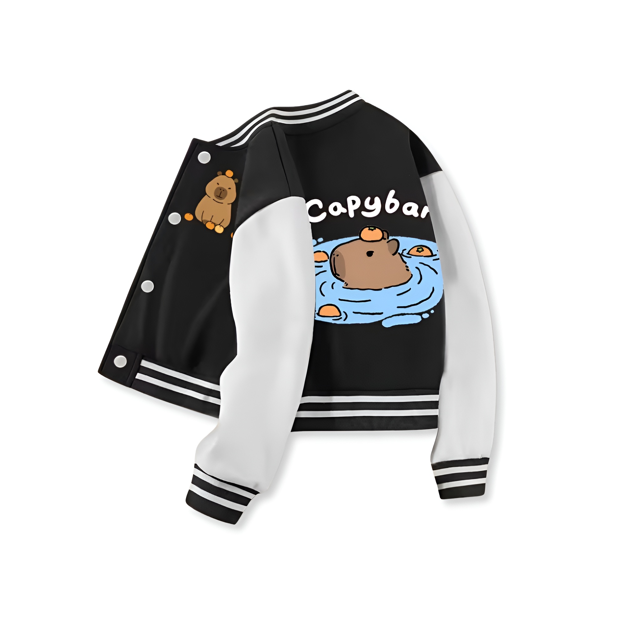 Capybara Family Print Baseball Jacket With Snap Closure And Casual Style For Girls