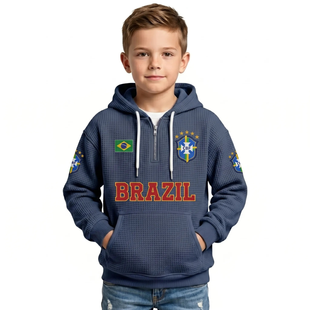 Brazil Printed Waffle Quarter Zip Football Fan Hoodie For Kids