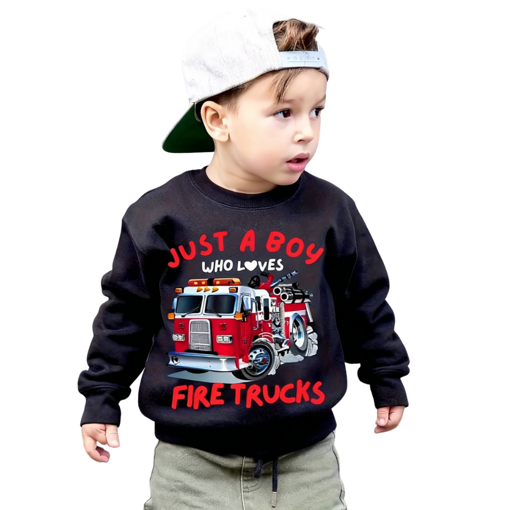 Long Sleeve Pullover Fire Truck Print Sweatshirt