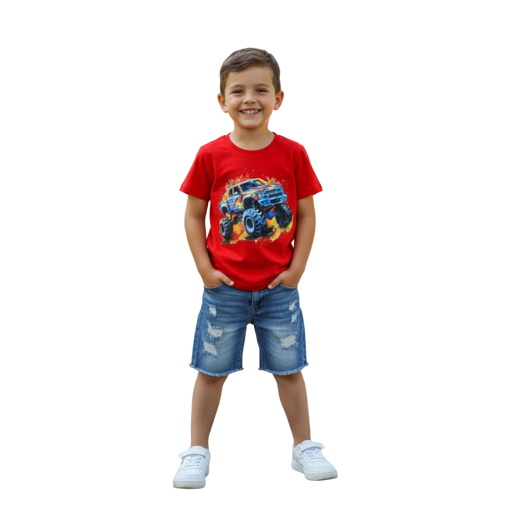 Boys Short Sleeve T Shirt With Cartoon Car Graphic