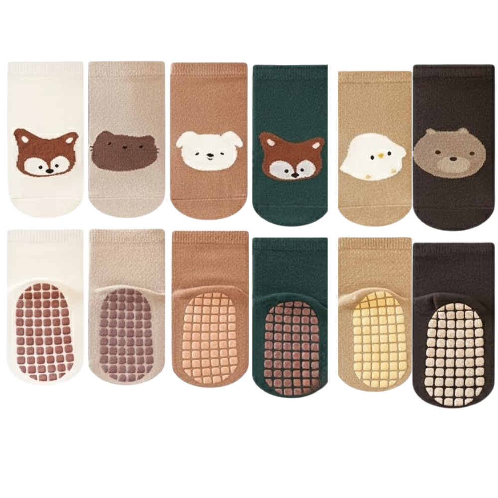 6 Pairs Of Non Slip Socks With Cartoon Animal Designs For Boys