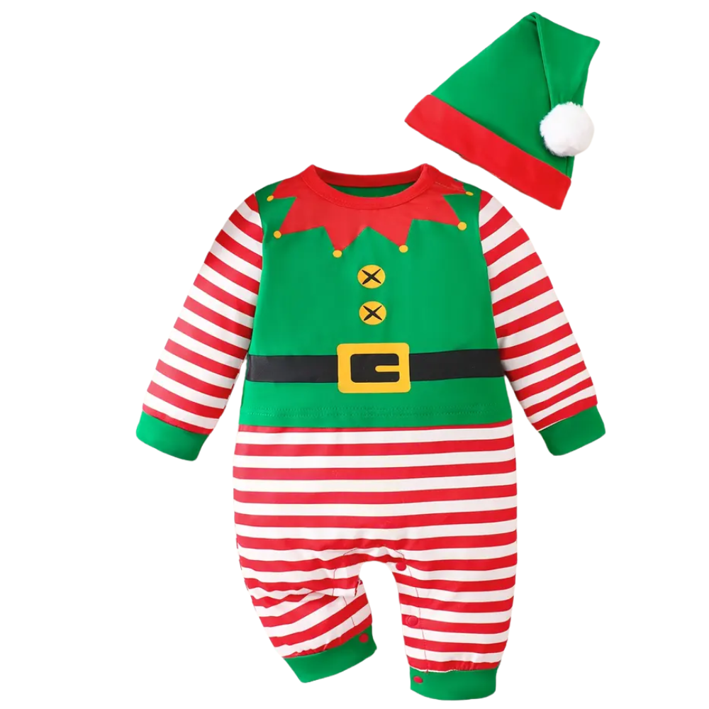 Christmas Striped Elf Patchwork Long Sleeve Baby Romper