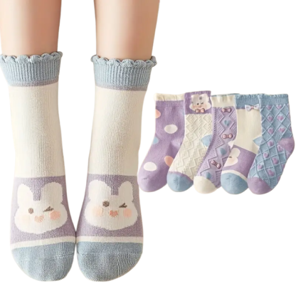 5 Pairs Of Polka Dot Rabbit Crew Socks For Girls