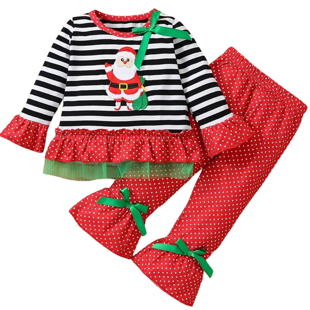 Christmas Santa Embroidered Top and Polka Dot Pants Set For Kids