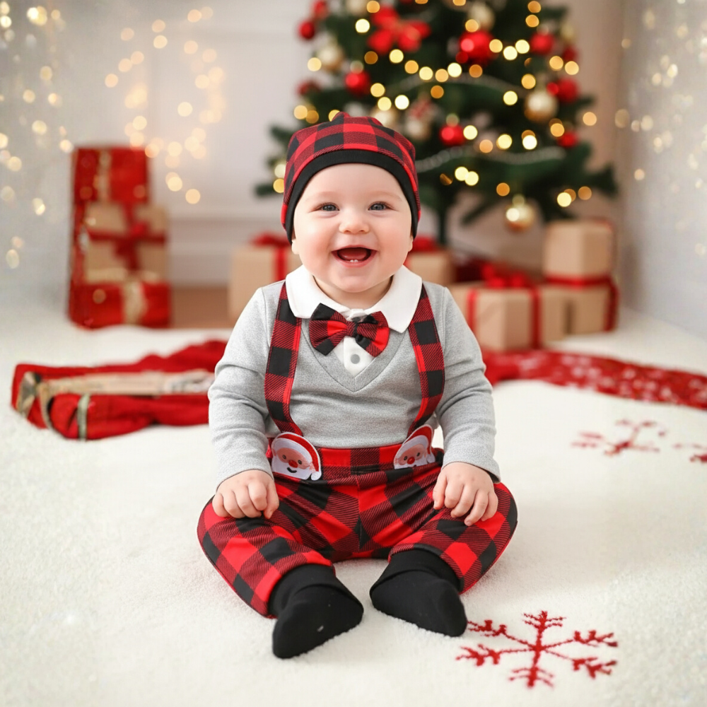 Plaid Long Sleeve Christmas Outfit Set with Suspenders Pants and Matching Hat