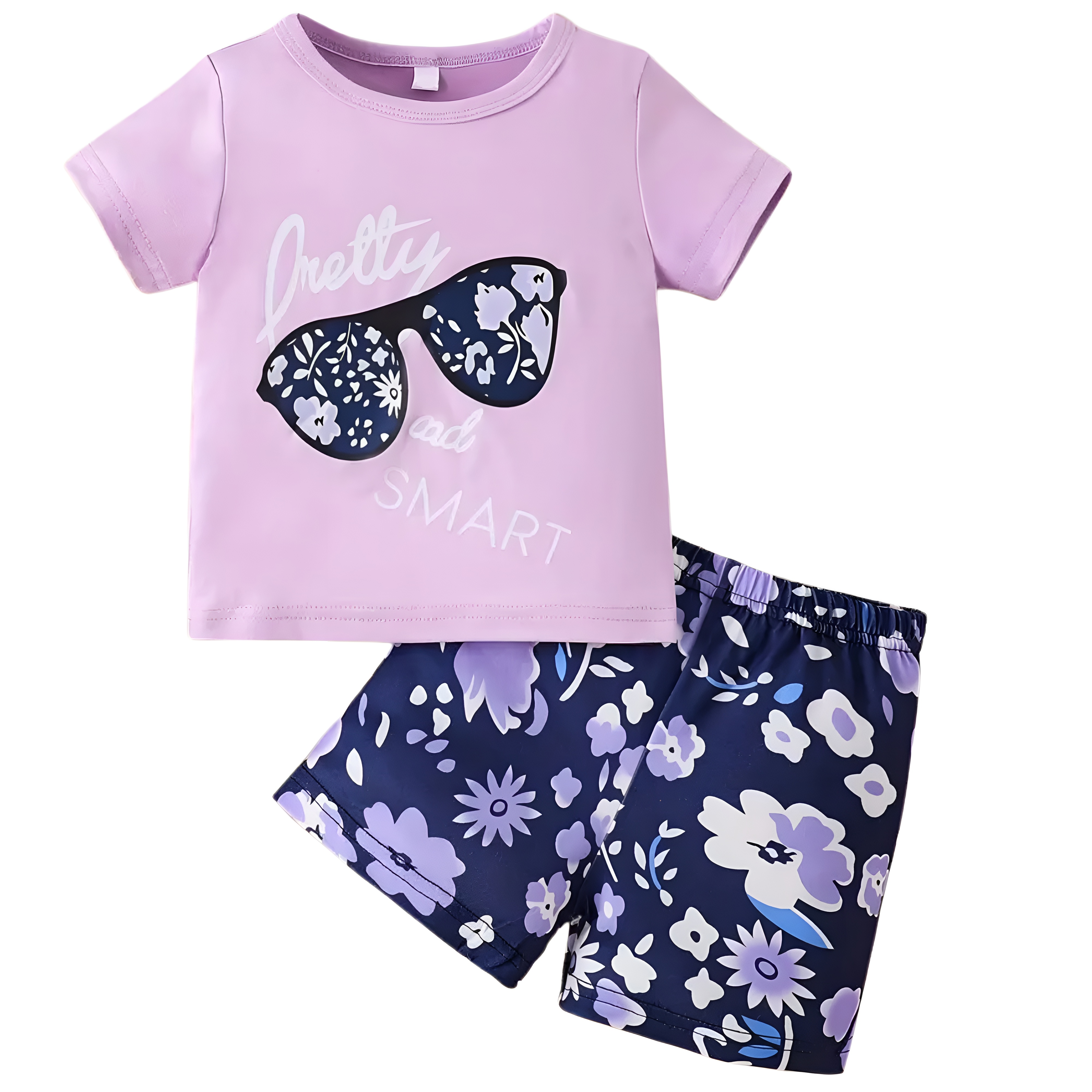 Baby Girl Cartoon Print Round Neck Top and Floral Shorts Two Piece Set