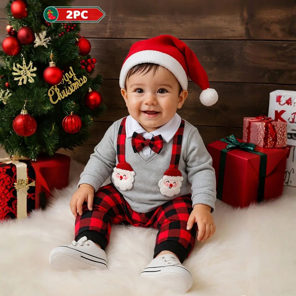 2 Piece Of Boys Plaid Christmas Suit With Bow Tie And Hat