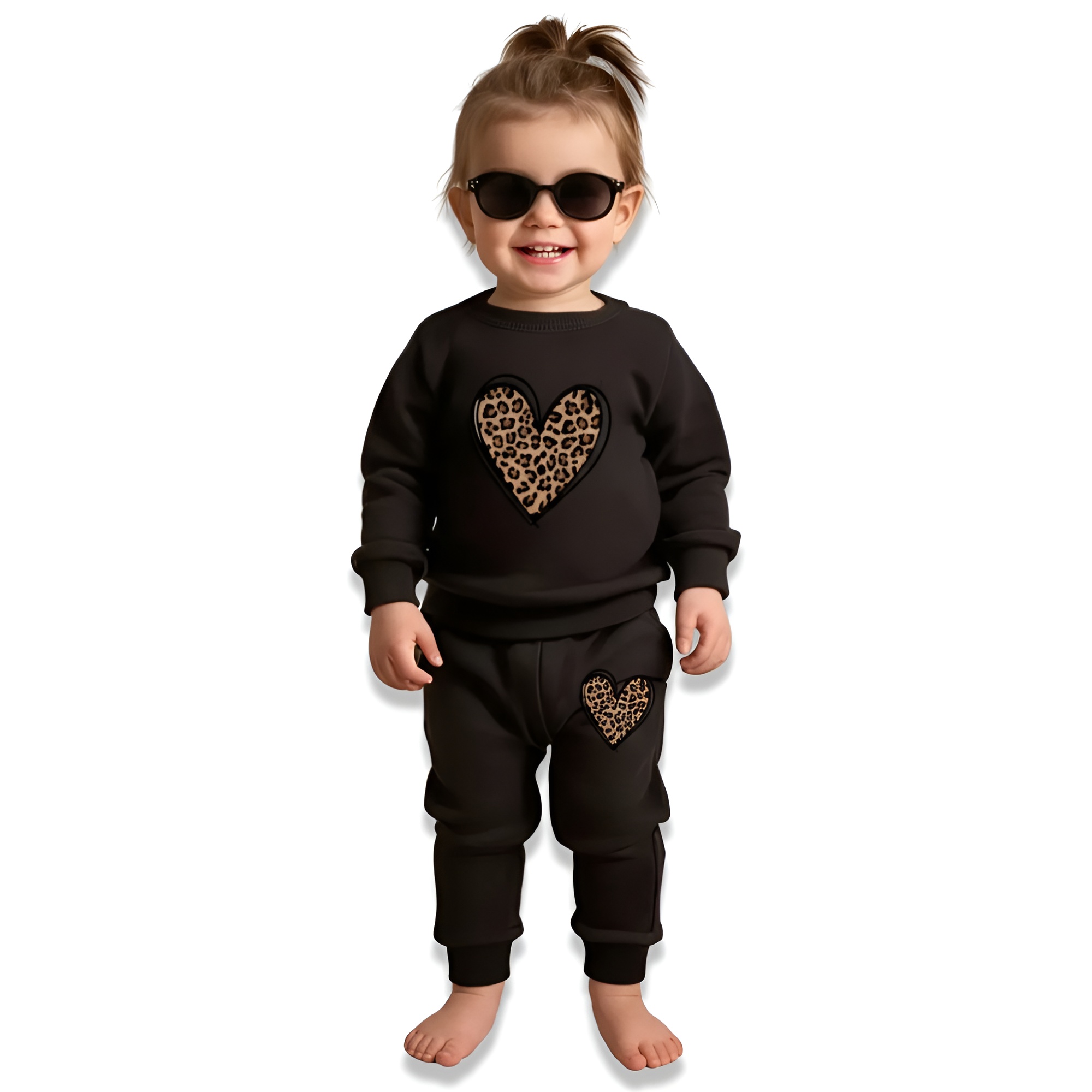 Baby Girls Leopard Heart Print Round Neck Long Sleeve Top with Pants Casual Two Piece Set