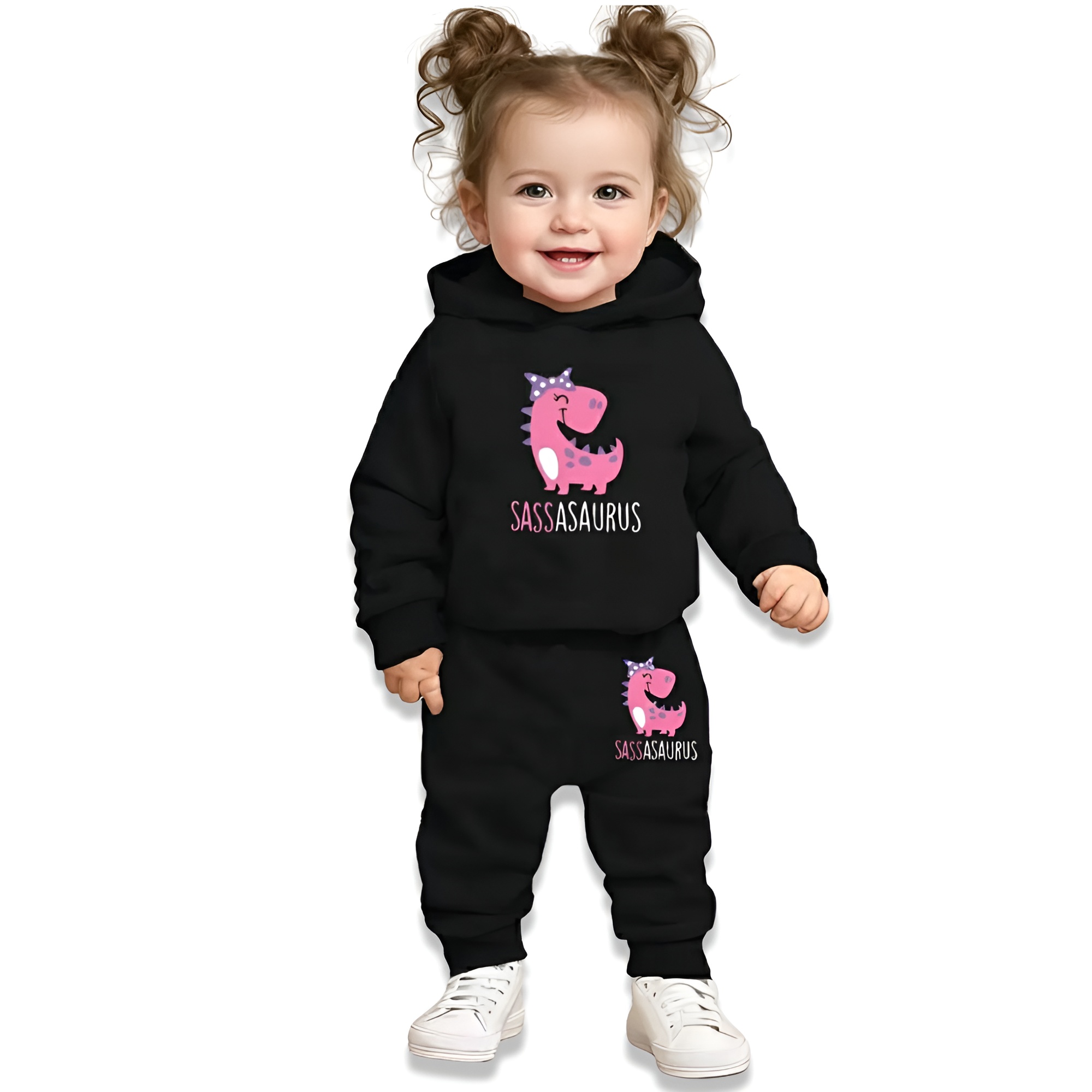 2pcs Baby Girl Cartoon Dinosaur Print Long Sleeve Hooded Fleece Sweatshirt and Pants Set