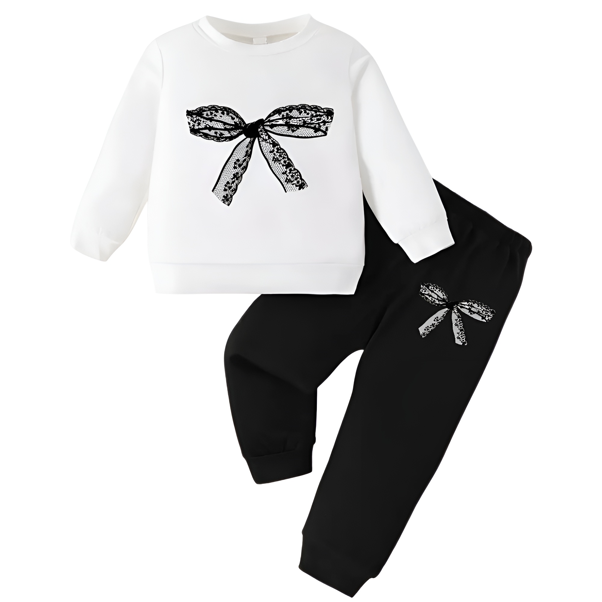 Girl Round Neck Bow Print Long Sleeve Top and Pants Casual Two Piece Set