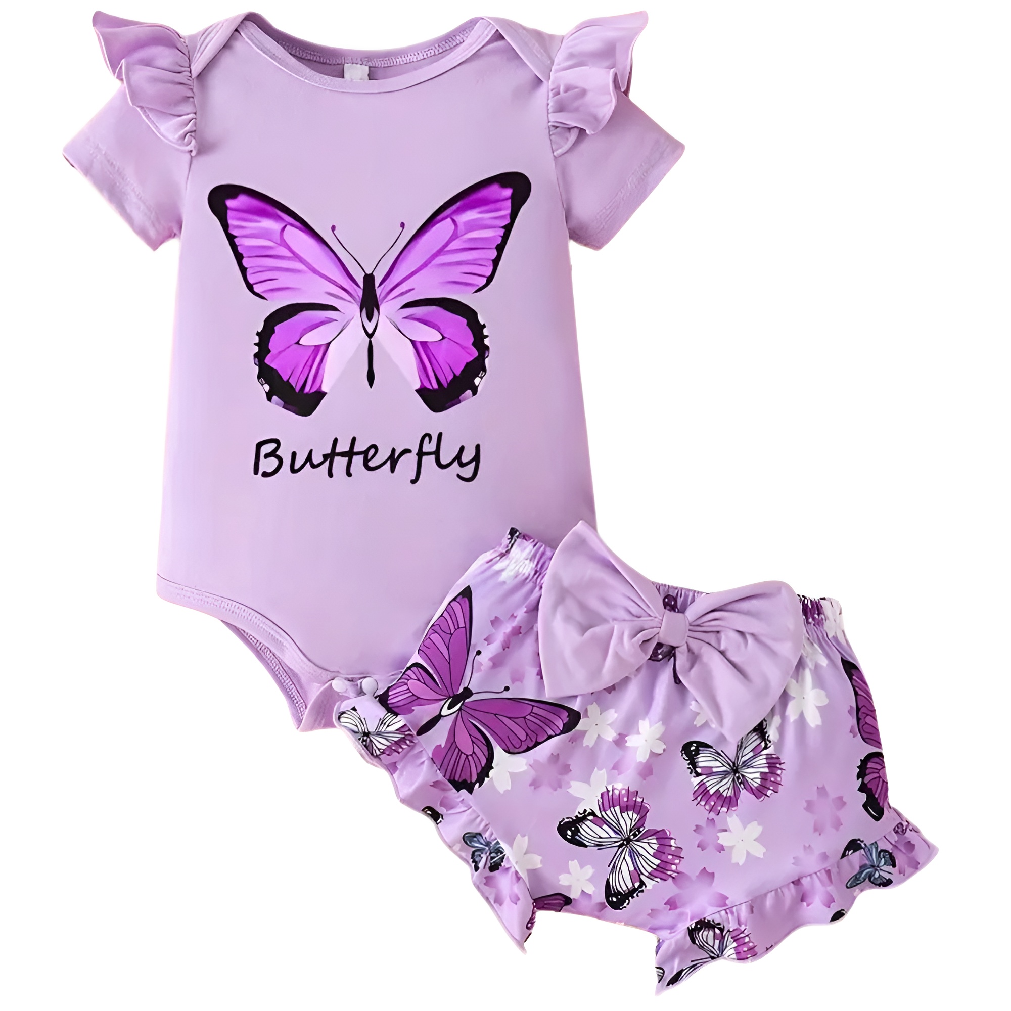 Baby Girls Round Neck Butterfly Print Bodysuit Matching Shorts and Headband Three Piece Set