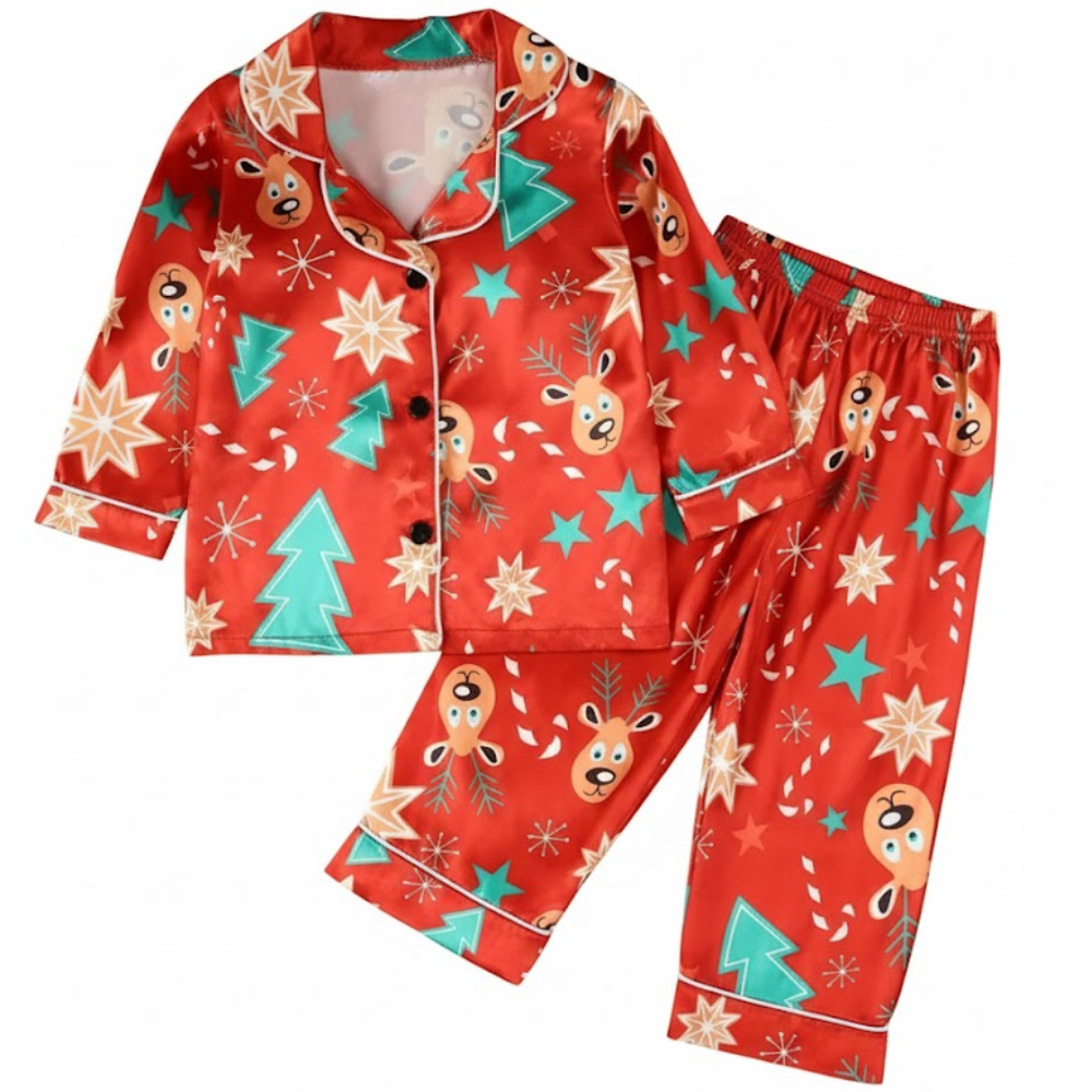Christmas Pajamas Set for Kids with Reindeer Print and Long Sleeve Design