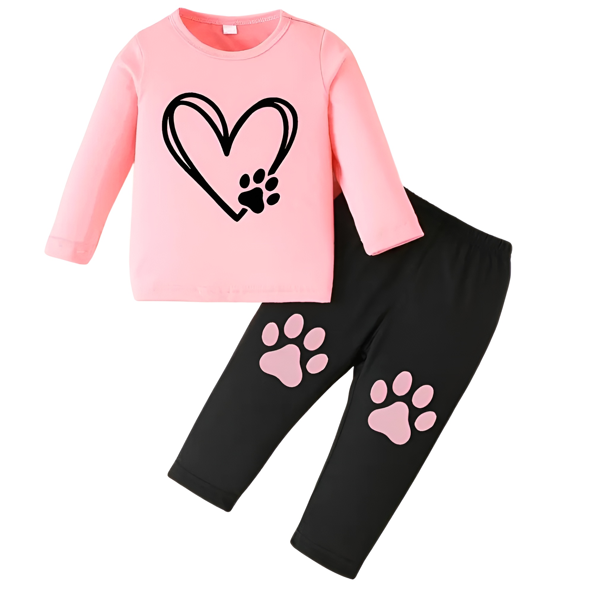 Baby Girl Round Neck Cartoon Love Print Long Sleeve Top and Trousers Two Piece Set