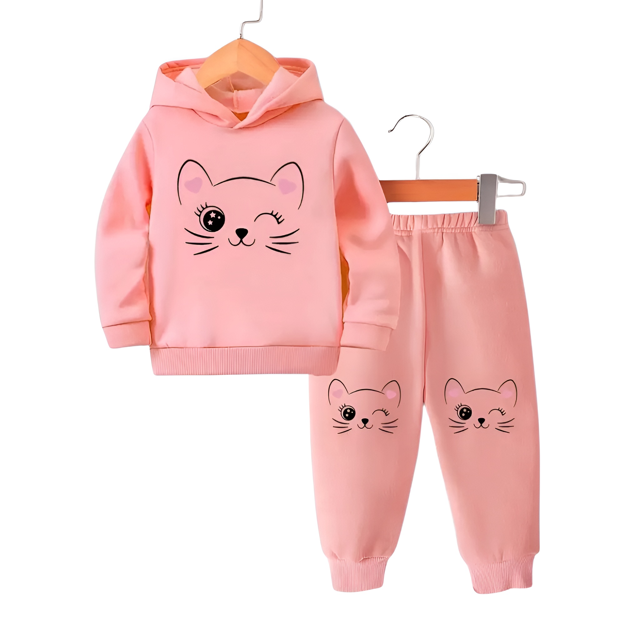 Baby Girl Cartoon Print Hooded Fleece Long Sleeved Sweatshirt Sweatpants Two Piece Set