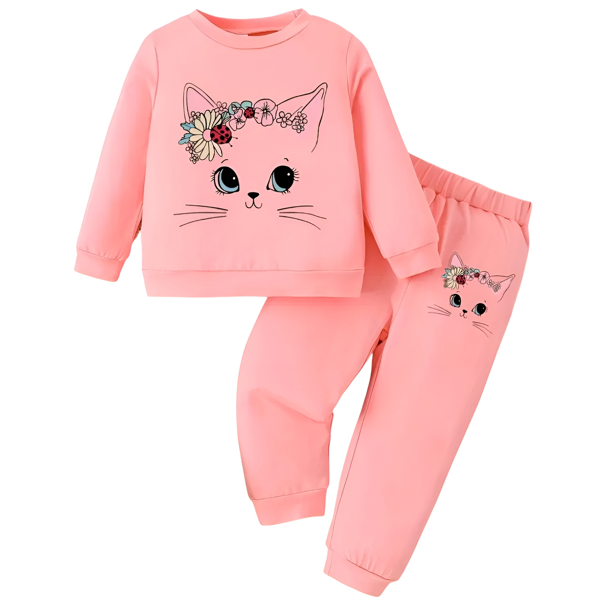 Baby Girl Cartoon Cat Print Long Sleeve Top and Pants Set