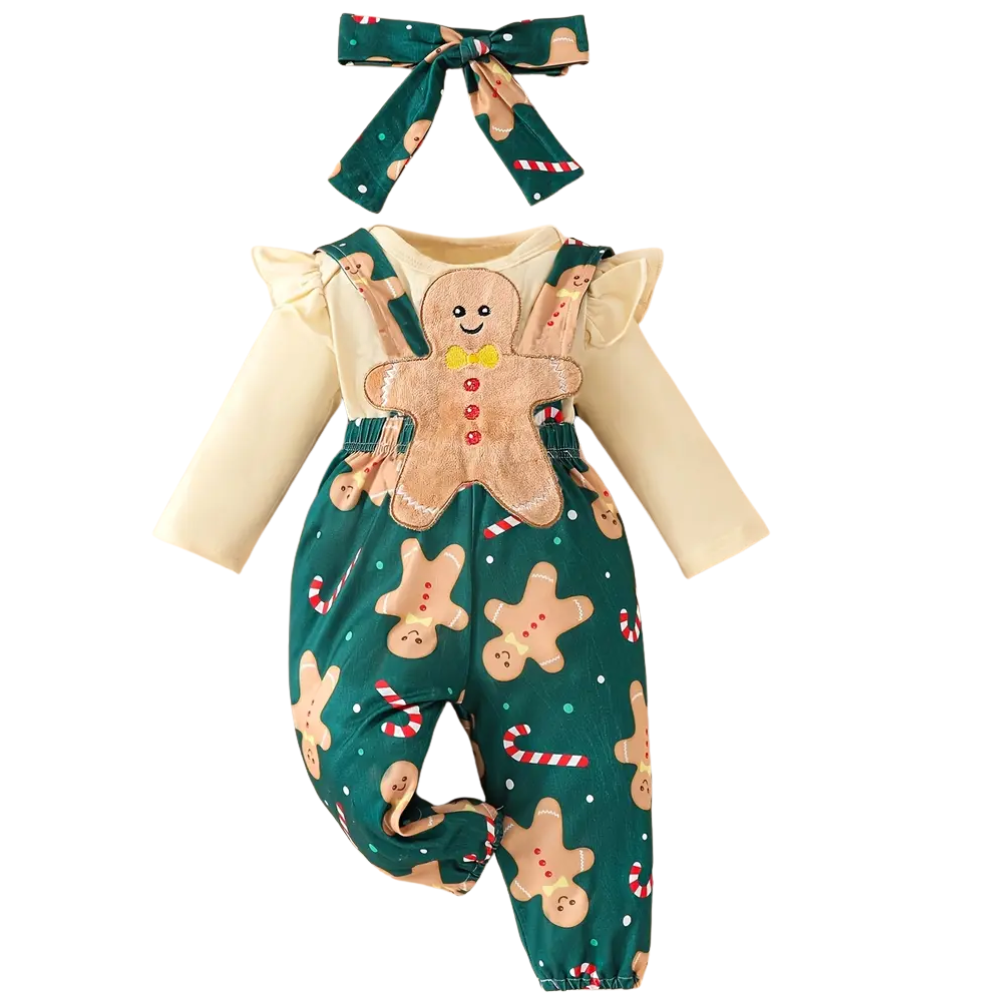 Christmas Themed Top and Pants Outfit Set for Girls with Santa and Gingerbread Design