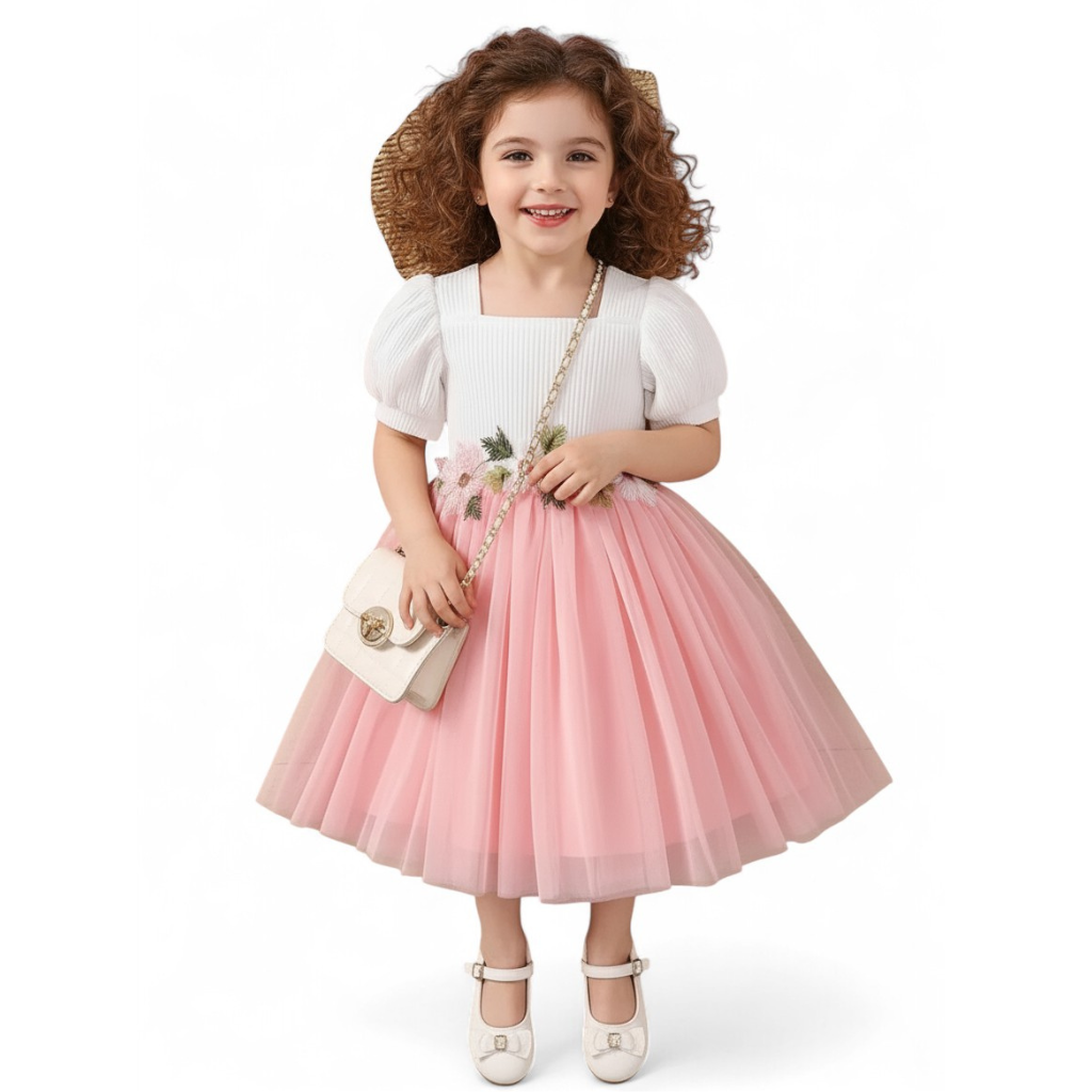 Girls Summer Square Neck Bubble Sleeve Floral Waist Mesh Dress
